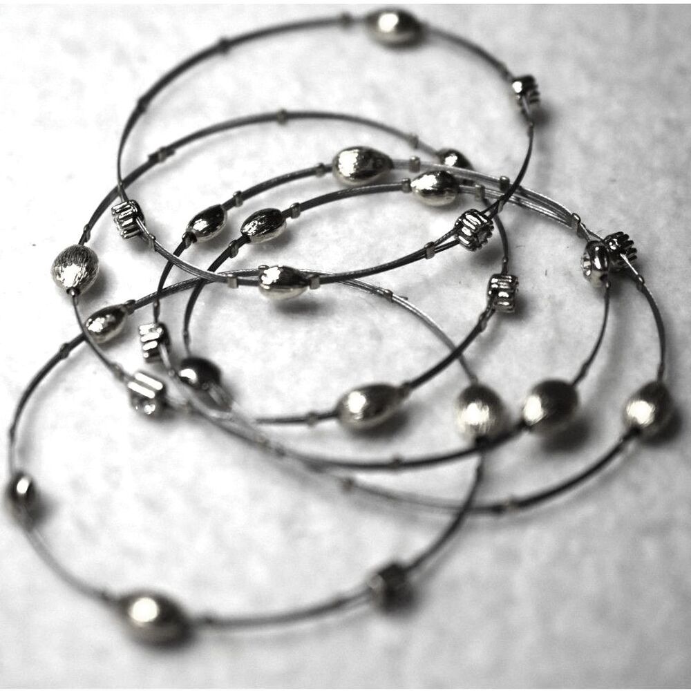 Stackable 5 Silver Tone Wire Gold Tone Beads Rhinestone Accents 5.5" Bracelets